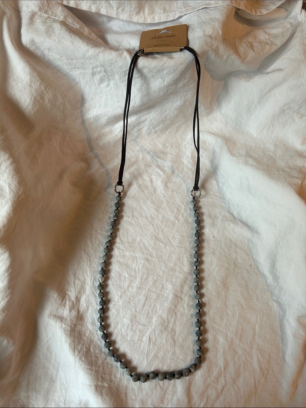 Beaded Long Necklace with Brown Cord